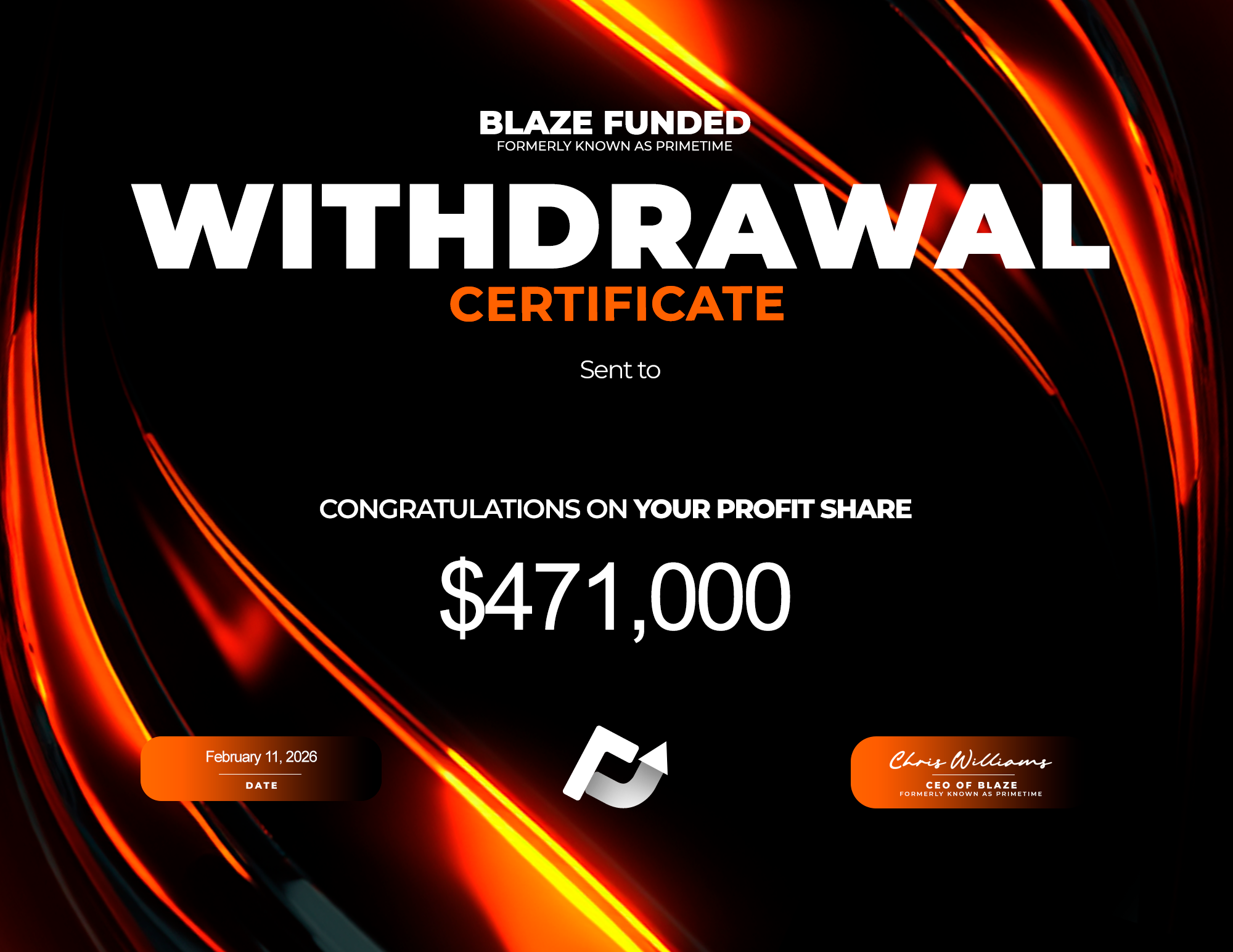 Withdrawal certificate from Primetime Funding for $471,000. Recipient name redacted.